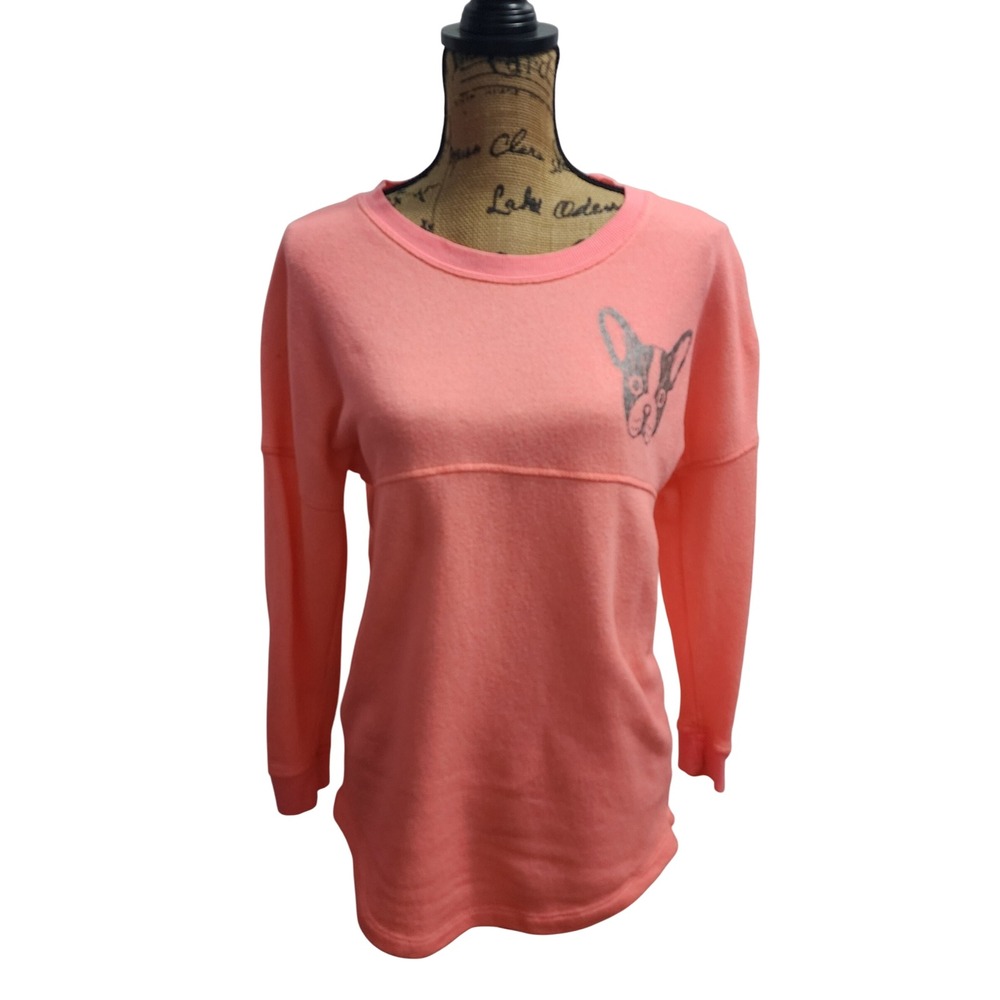 Rampage Pullover Sweatshirt‎ Dog Graphic Bonjour Coral Pink Comfy Medium